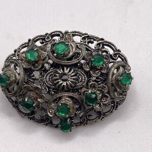 Vintage Brooch Silver-Coloured Green Rhinestones Filigree